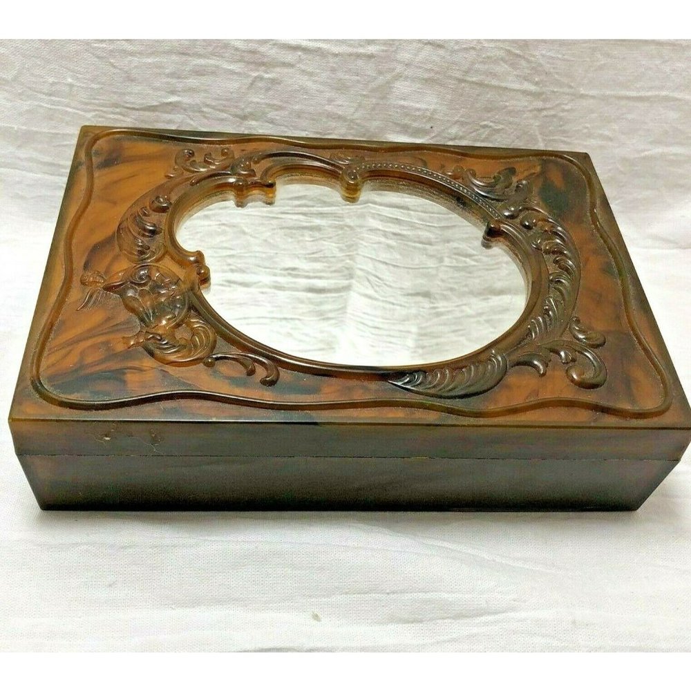 Jewelry Dresser Trinket Box; Removable Mirror  Brown Faux Tortoise Plastic Vtg